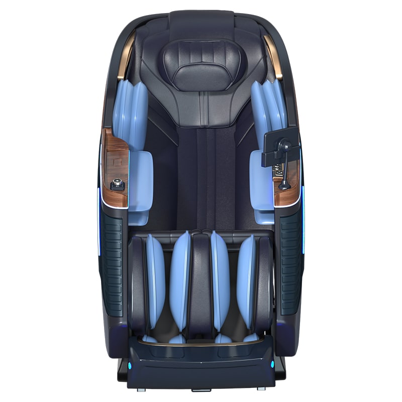 Front view of Bliss Massage Chair, showcasing the sleek design, premium leather, and intuitive control panel